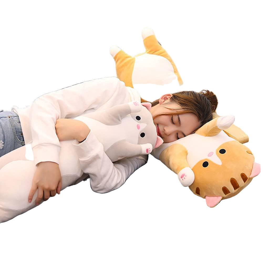 Cute Cat Plush Long Body Pillow Cuddle Cartoon Stuffed Animals Cat Plushie Soft Doll Pillows Gifts for Kids Girls (Orange, 19")
