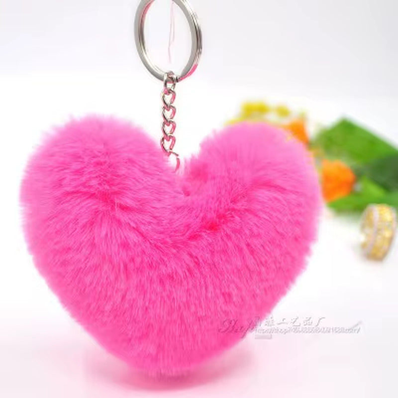 Fluffy Pompom Keychain Gifts for Women Soft Heart Shape Pompon Fake Rabbit Key Chain Ball Car Bag Accessories Key Ring