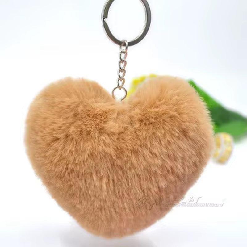 Fluffy Pompom Keychain Gifts for Women Soft Heart Shape Pompon Fake Rabbit Key Chain Ball Car Bag Accessories Key Ring